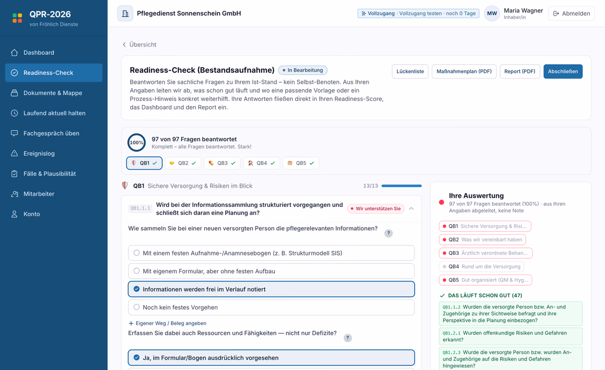 Geführter Readiness-Check mit Live-Auswertung